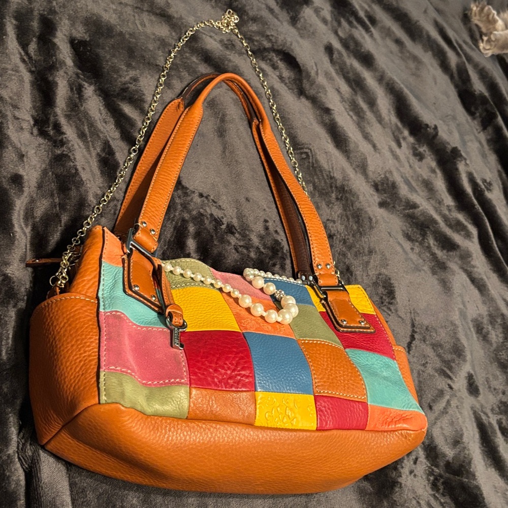 FINALPRIZE🔥Fossil Colorful Patchwork Leather Shoulder Bag has chain with pearls - Picture 15 of 15